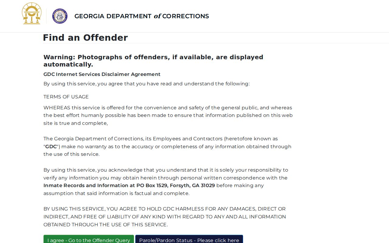 Georgia Department of Corrections Find an Offender search interface