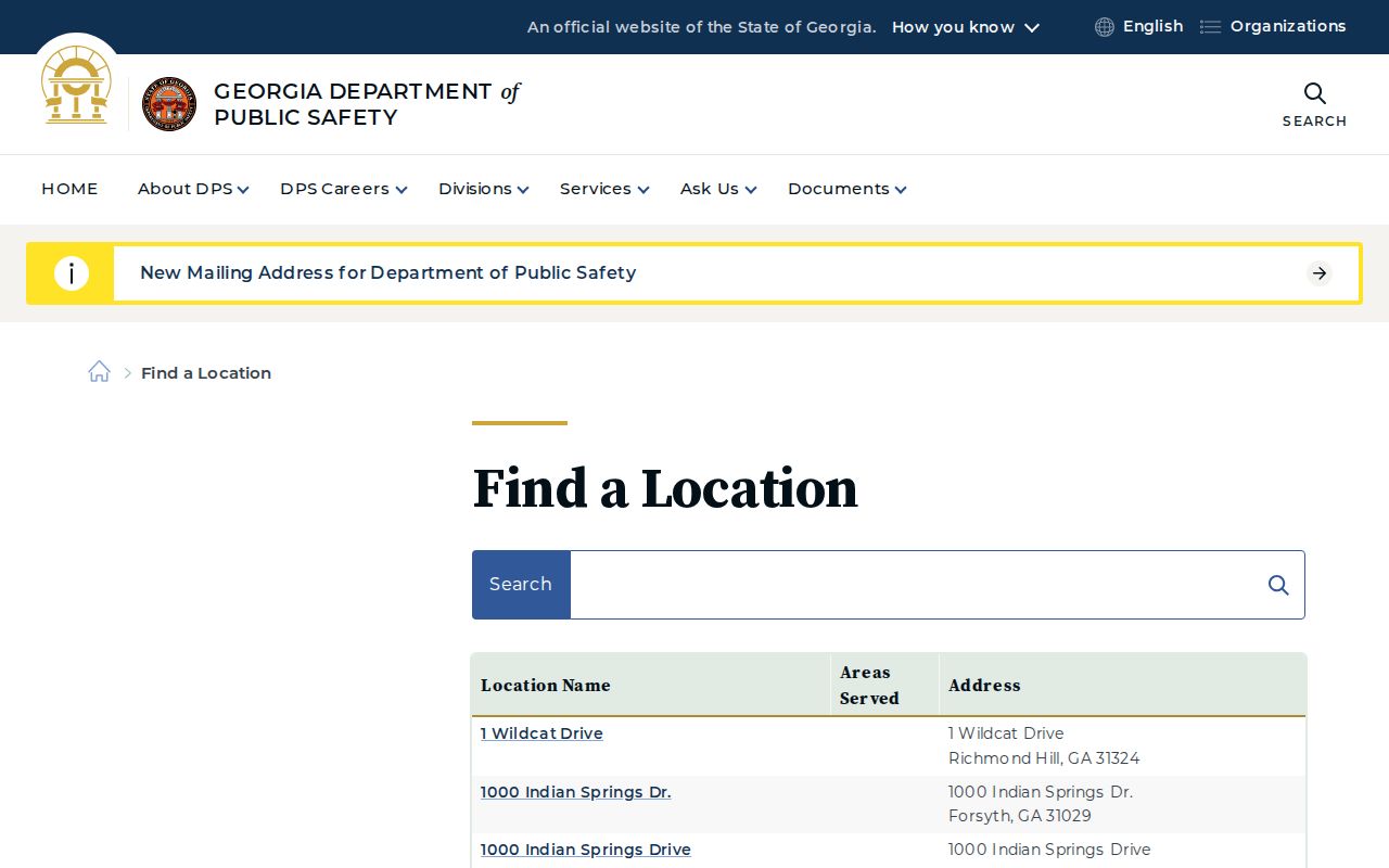 Official Georgia State Patrol location directory for arresting-agency records