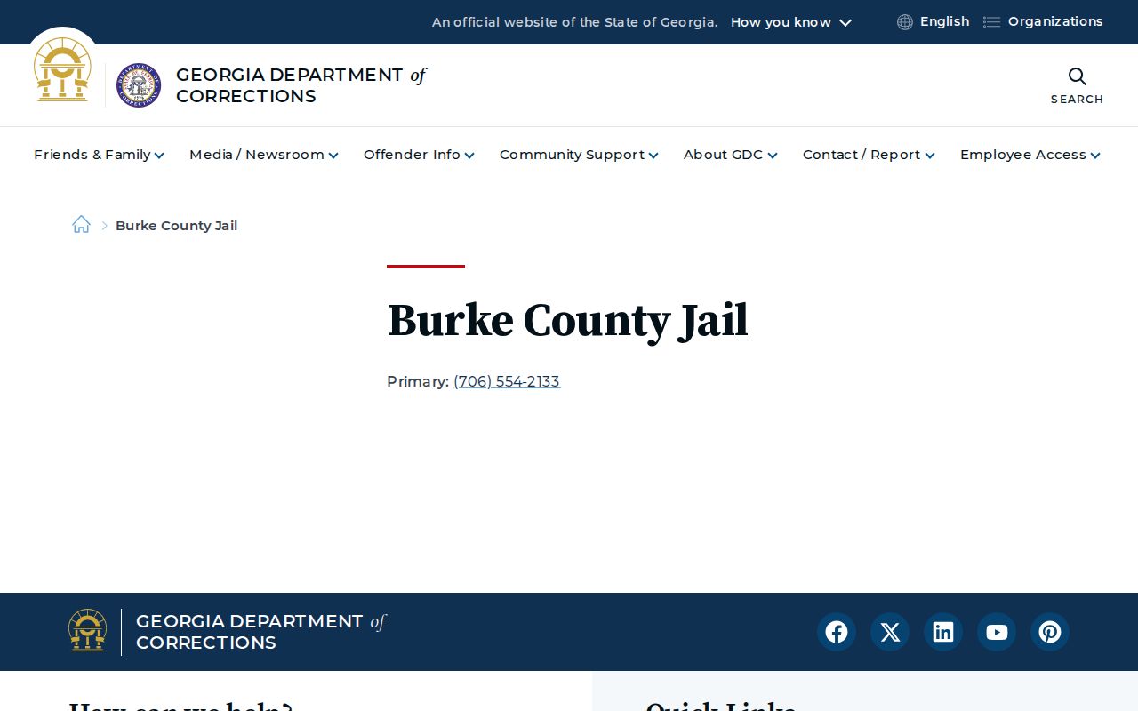 Official Georgia directory entry for Burke County Jail